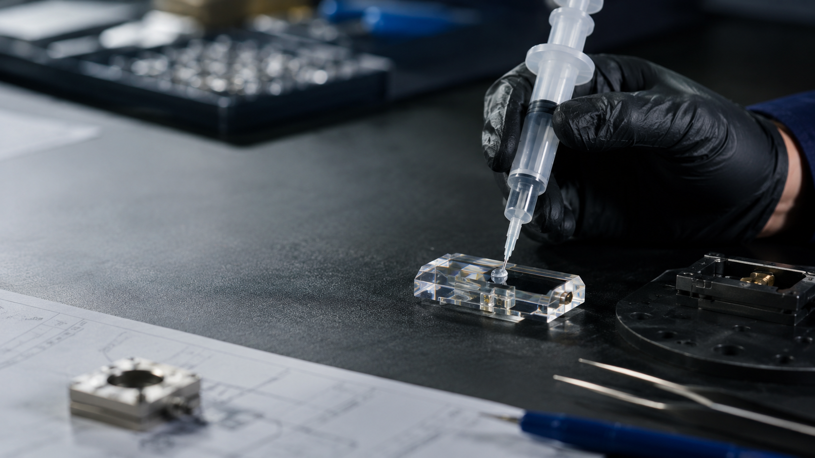 Engineered bonding process with UV epoxy materials in use